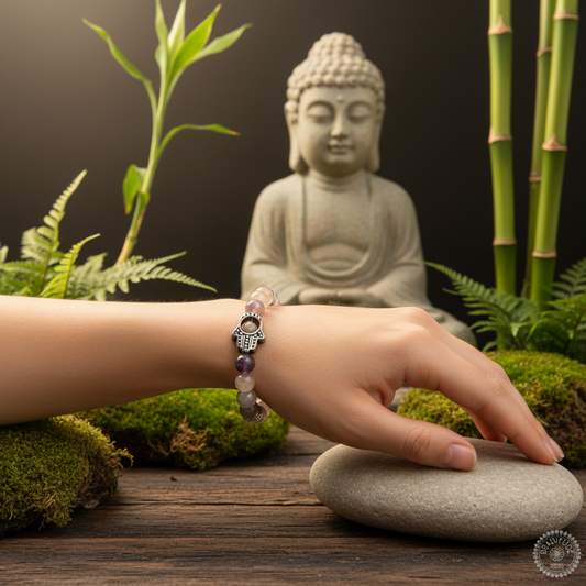 elastische edelsteen armband met toermalijn edelsteenkralen, rvs spacers en khamso/hamsa handje