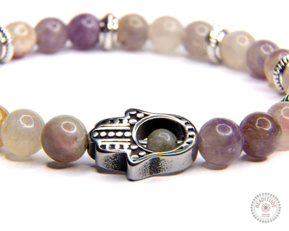 elastische edelsteen armband met toermalijn edelsteenkralen, rvs spacers en khamso/hamsa handje