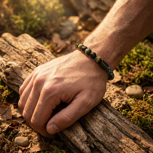 Leren edelsteen armband met 8mm blauwe tijgeroog kraal en zwarte sluiting