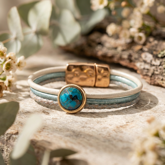 Leren edelsteen armband met 12mm Chrysocolla cabochon met magneet sluiting