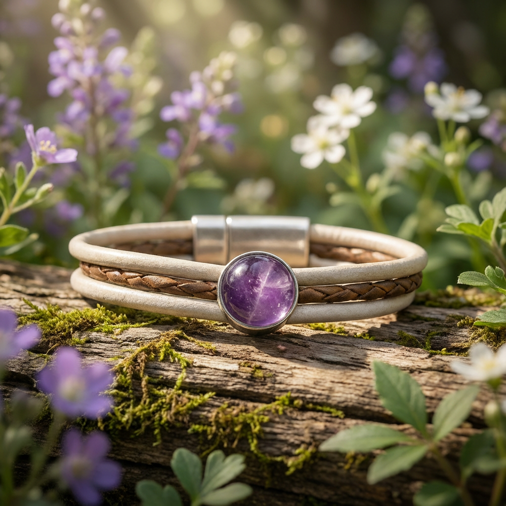 Leren armband met edelsteen cabachon 12mm amethist met zilveren magneetslot