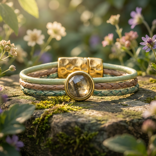 Hoge kwaliteit leren edelsteen armband met 12mm labradoriet cabochon en gouden magneetsluiting.