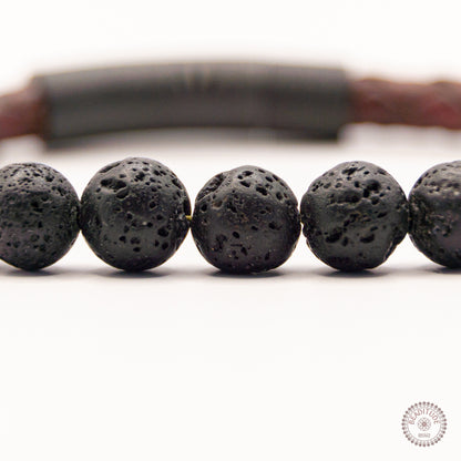 Leren edelsteen armband van rood leer met zwarte lava steen edelsteen kraal van 8mm met zwarte sluiting