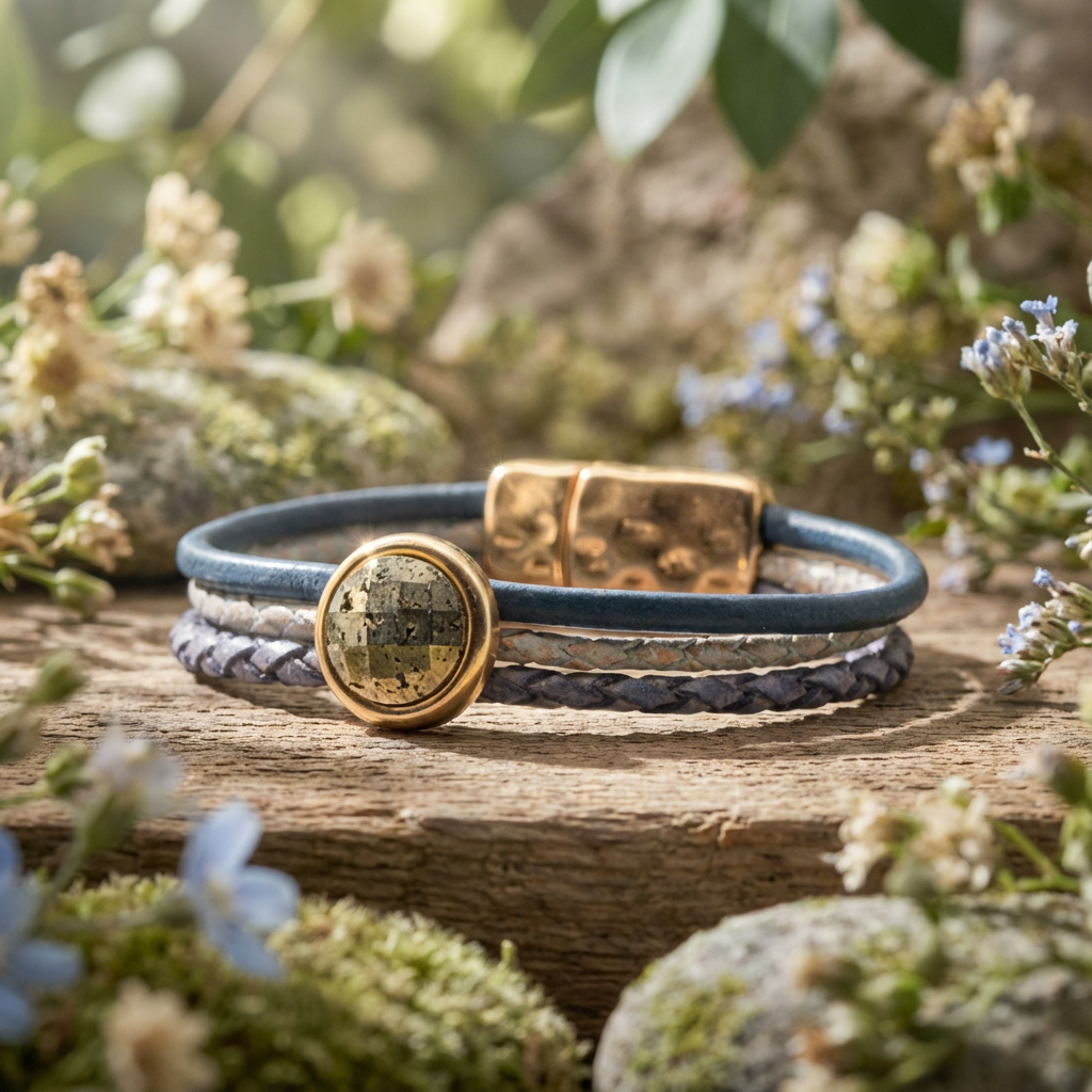 lederen edelsteen armband met 12mm pyriet cabochon met gouden magneetsluiting