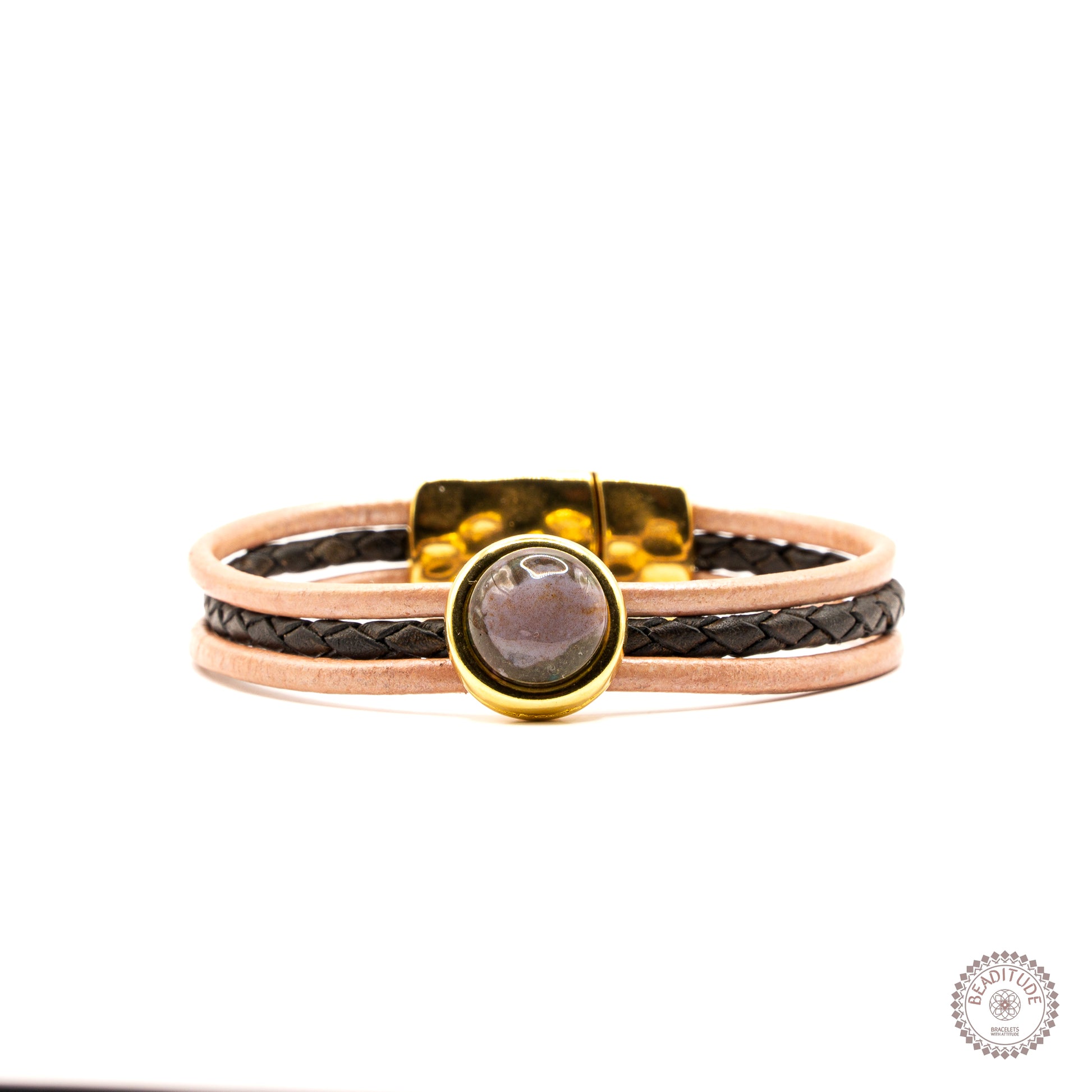 Leather&Stone edelsteen armband met leren bandjes en 12mm agaat cabochon en gouden magneetsluiting.