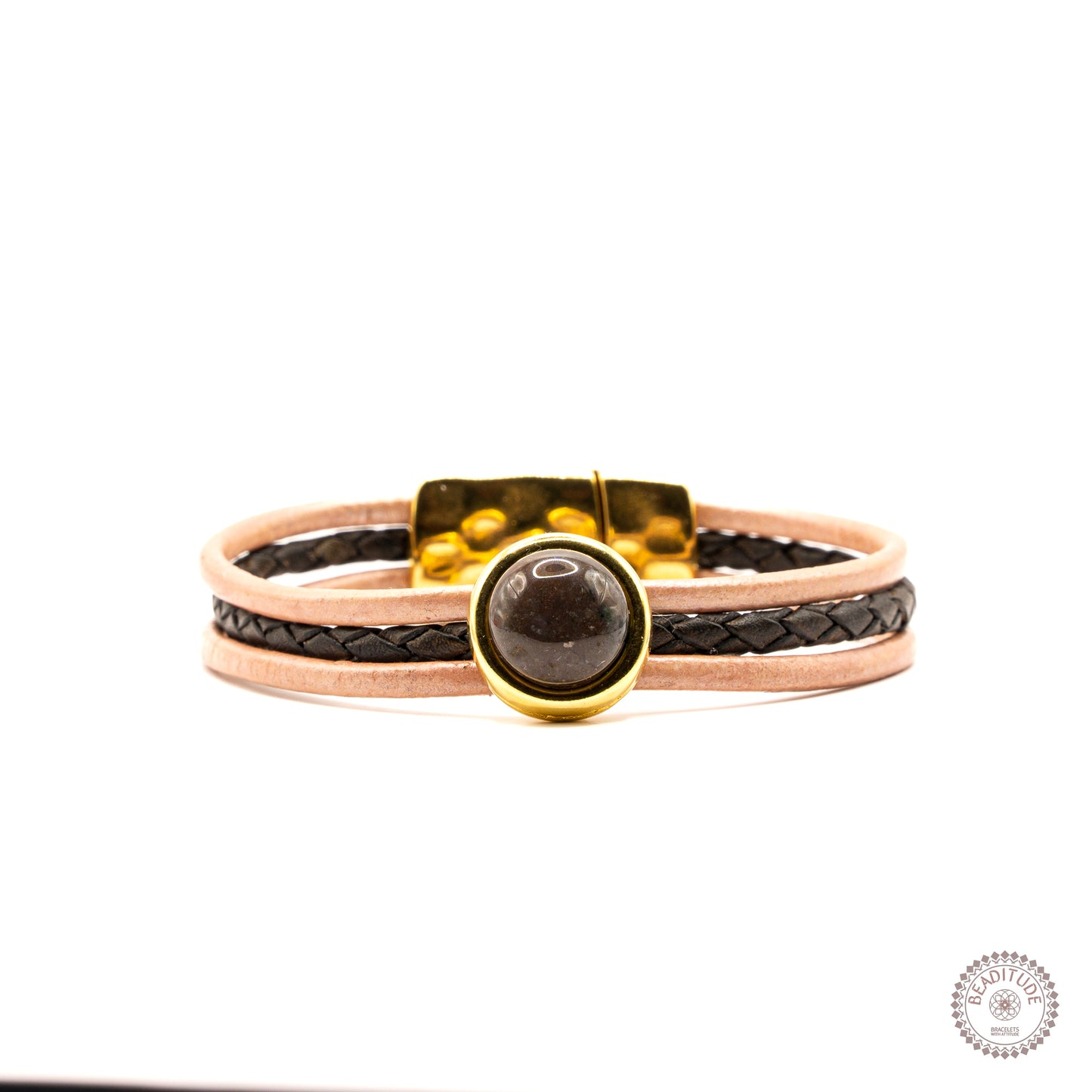 Leather&Stone edelsteen armband met leren bandjes en 12mm agaat cabochon en gouden magneetsluiting.