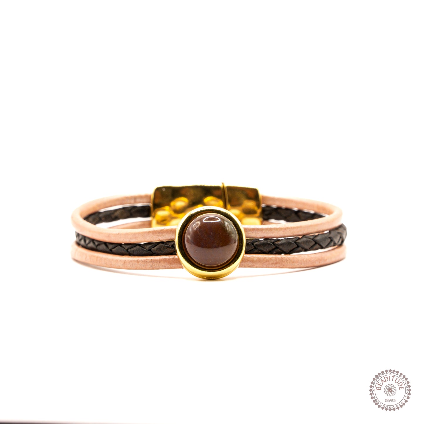 Leather&Stone edelsteen armband met leren bandjes en 12mm agaat cabochon en gouden magneetsluiting.