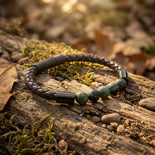 Leather&Stone 8mm kamaba jaspis met donker bruin leer en zwarte sluiting