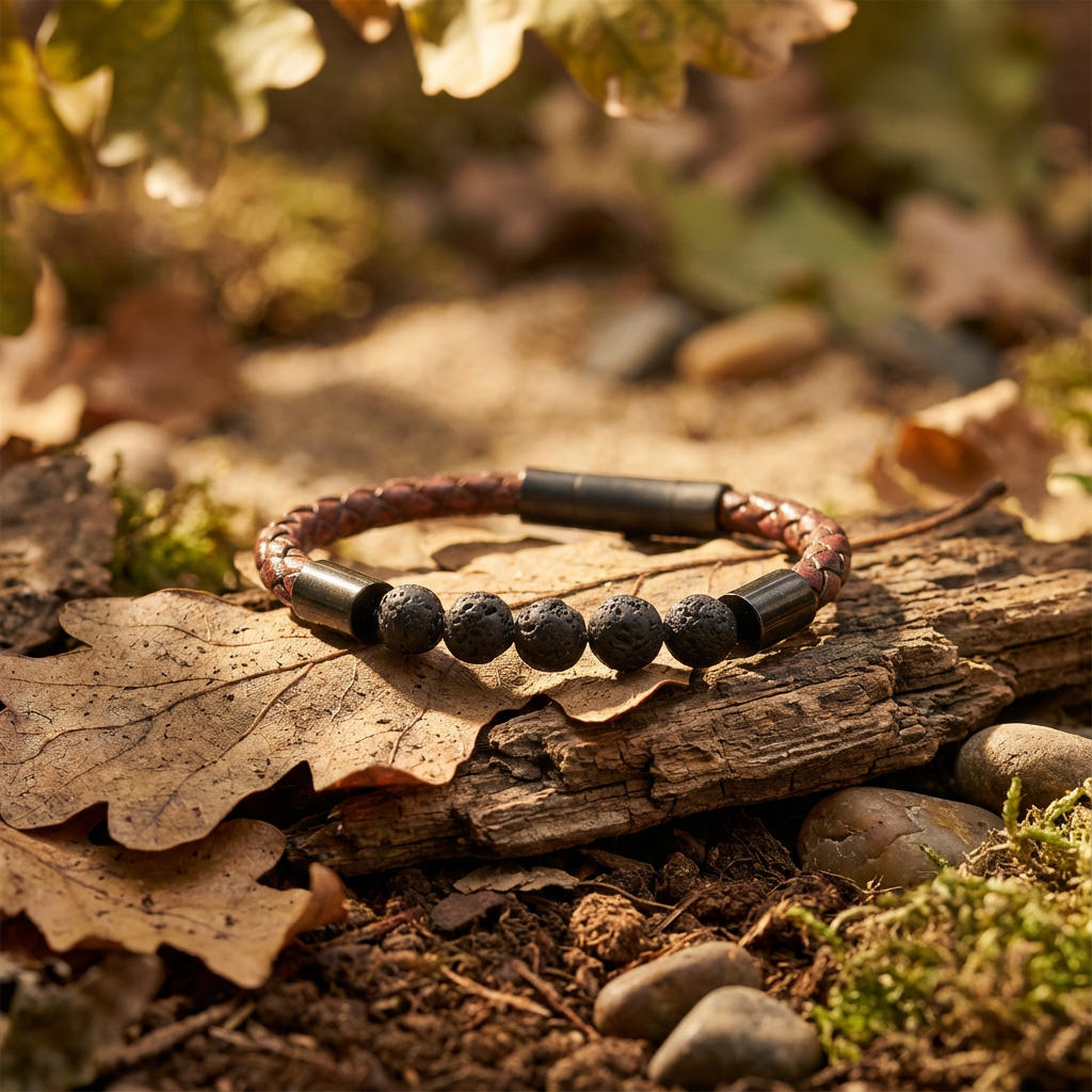 Leren edelsteen armband van rood leer met zwarte lava steen edelsteen kraal van 8mm met zwarte sluiting