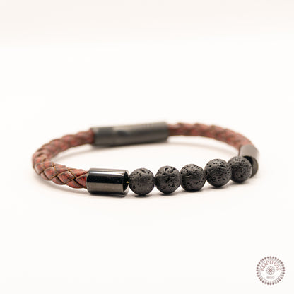 Leren edelsteen armband van rood leer met zwarte lava steen edelsteen kraal van 8mm met zwarte sluiting