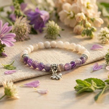 Elastische edelsteen armband met agaat en amethist kralen en rvs onderdelen met bijen bedel.