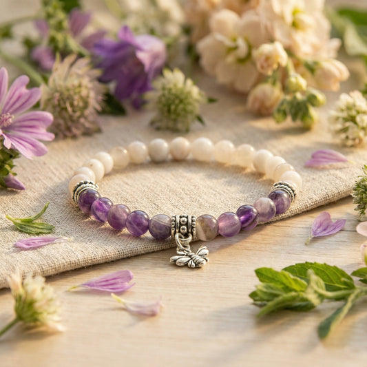 Elastische edelsteen armband met agaat en amethist kralen en rvs onderdelen met bijen bedel.