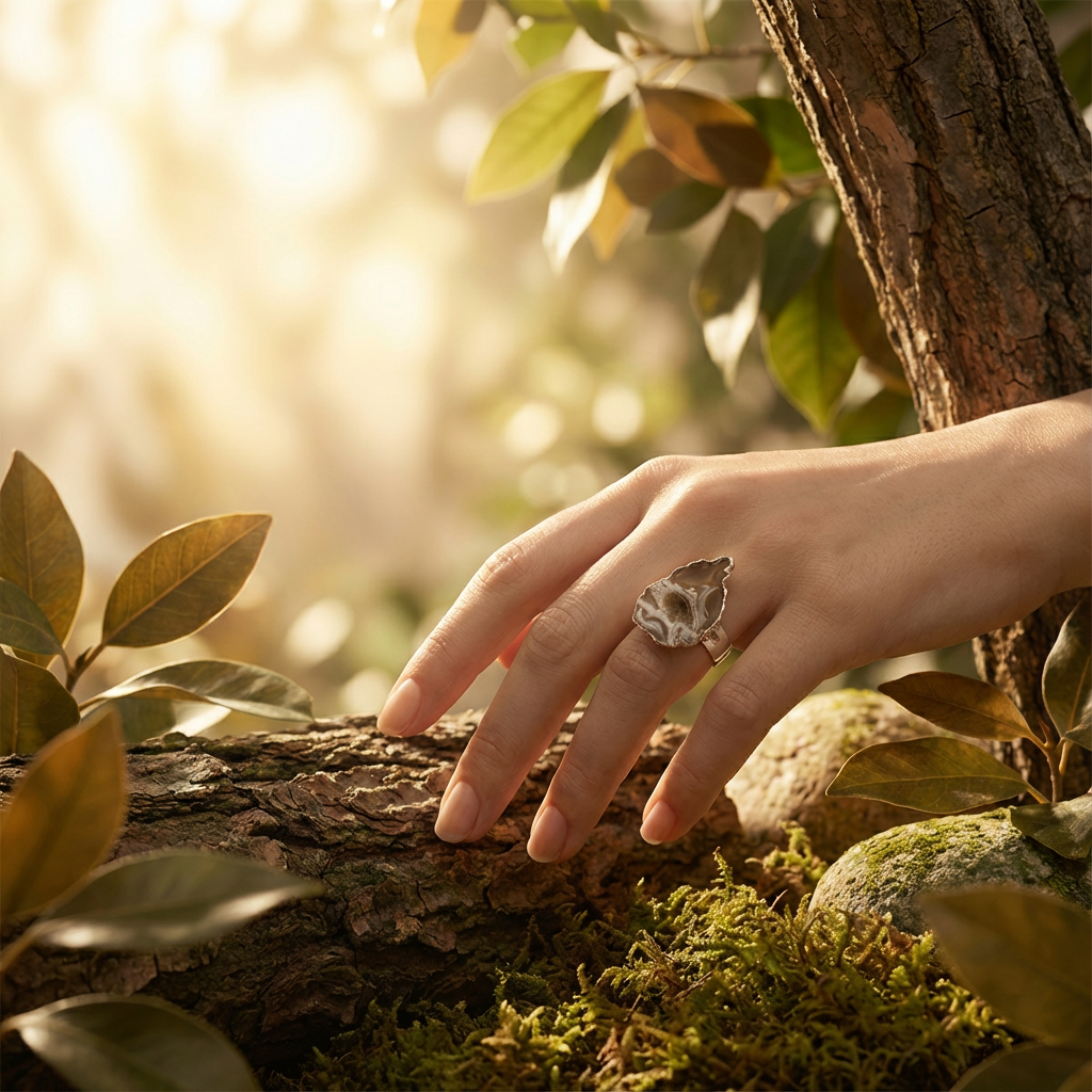 verzilverde ring met agaat edelsteen verstelbaar/ one size
