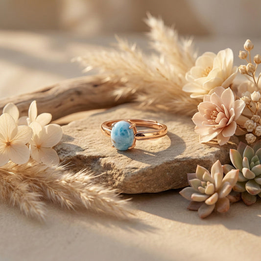 925 zilveren ring rose goud met larimar edelsteen cabochon verstelbaar/ one size
