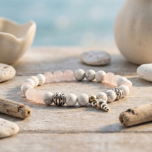 Elastische edelsteen armband met de kralen howliet en rozenkwarts en dq zilveren onderdelen en schelpje bedel