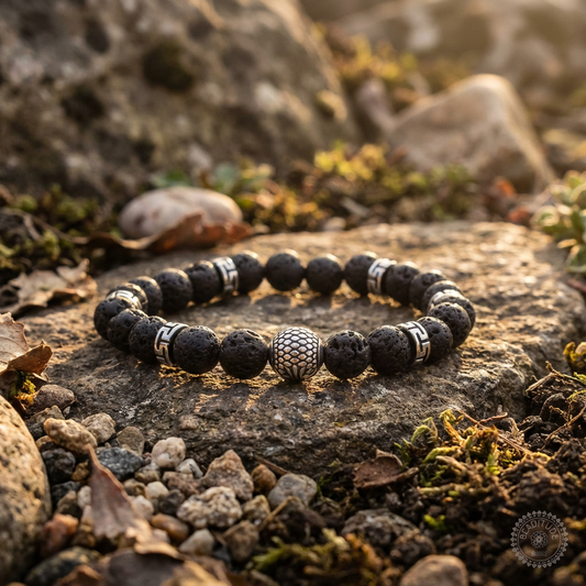 Elastische edelsteen armband met rvs spacers en rvs kraal met lavasteen