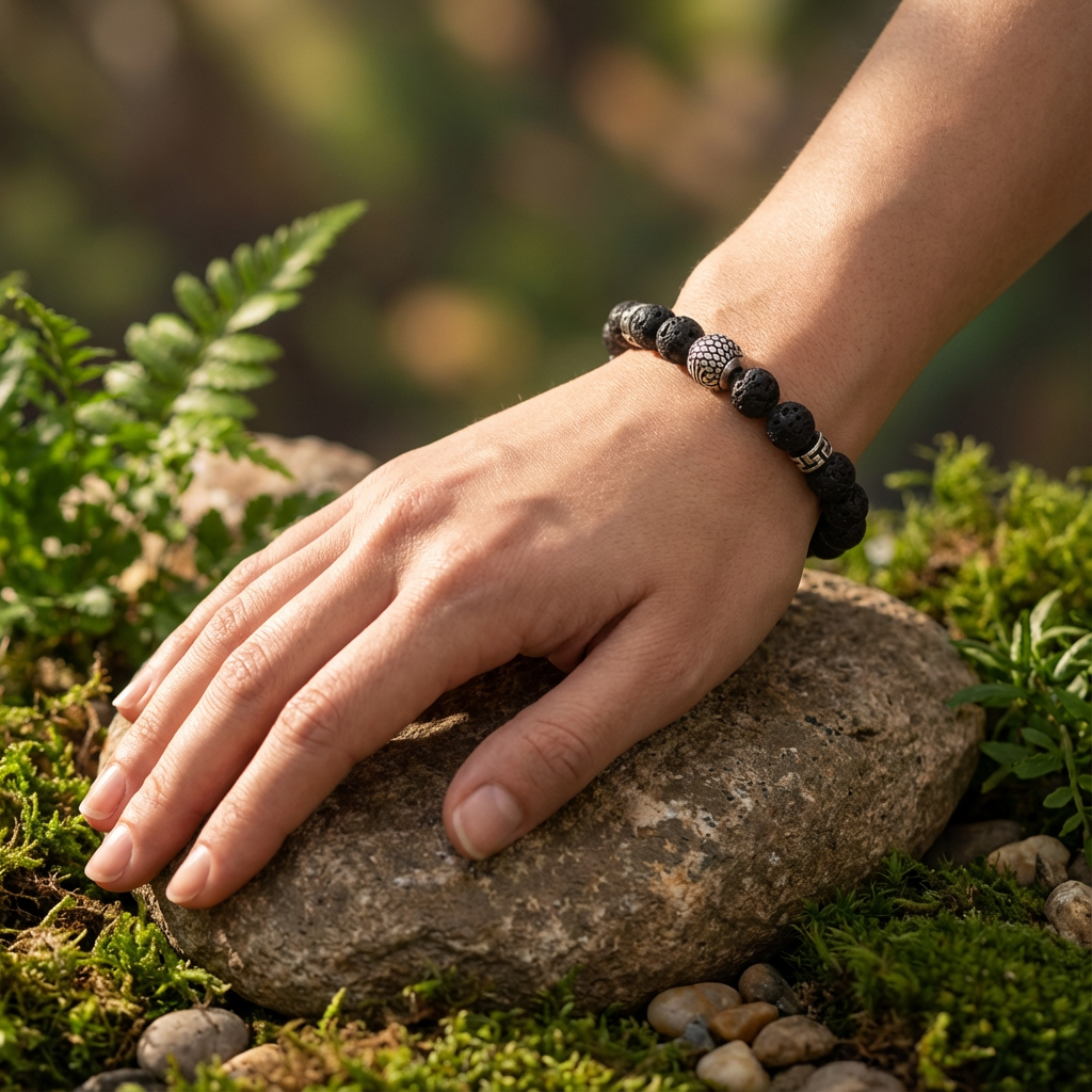Elastische edelsteen armband met rvs spacers en rvs kraal met lavasteen
