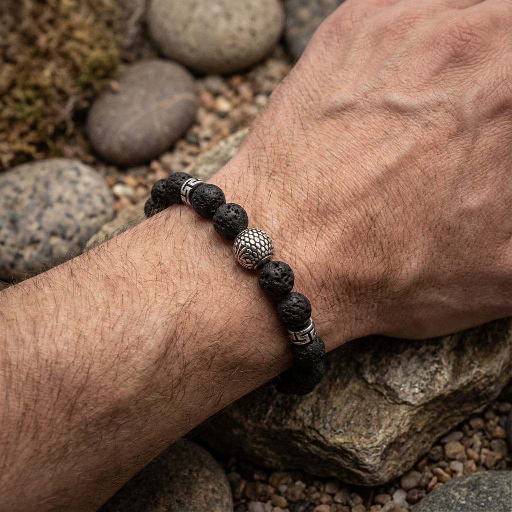 Elastische edelsteen armband met rvs spacers en rvs kraal met lavasteen