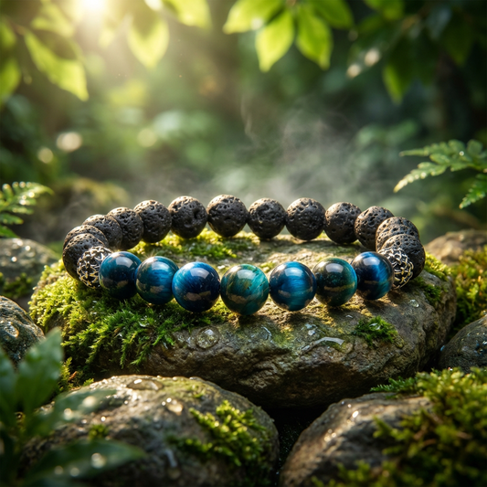 Elastische edelsteen armband met lavasteen en blauwe tijgeroog kralen met rvs kraal.
