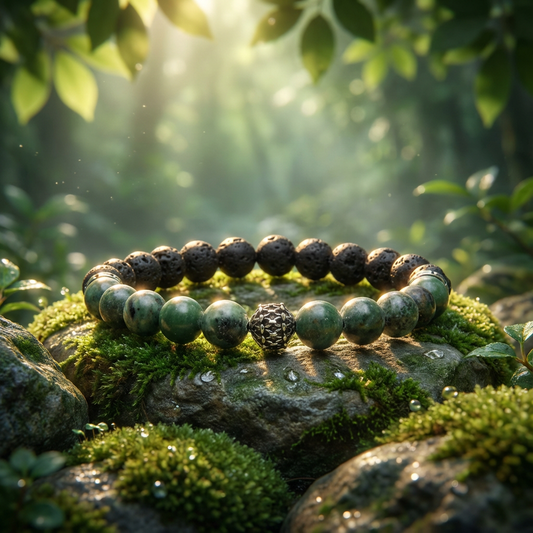 elastische Edelsteen armband met Lavasteen en serpentijn met RVS kraal.