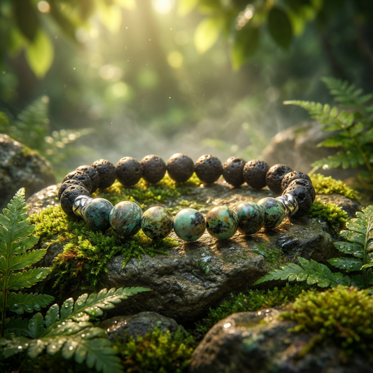 elastische edelsteen armband met lavasteen en afrikaanse turkoois en rvs spacer