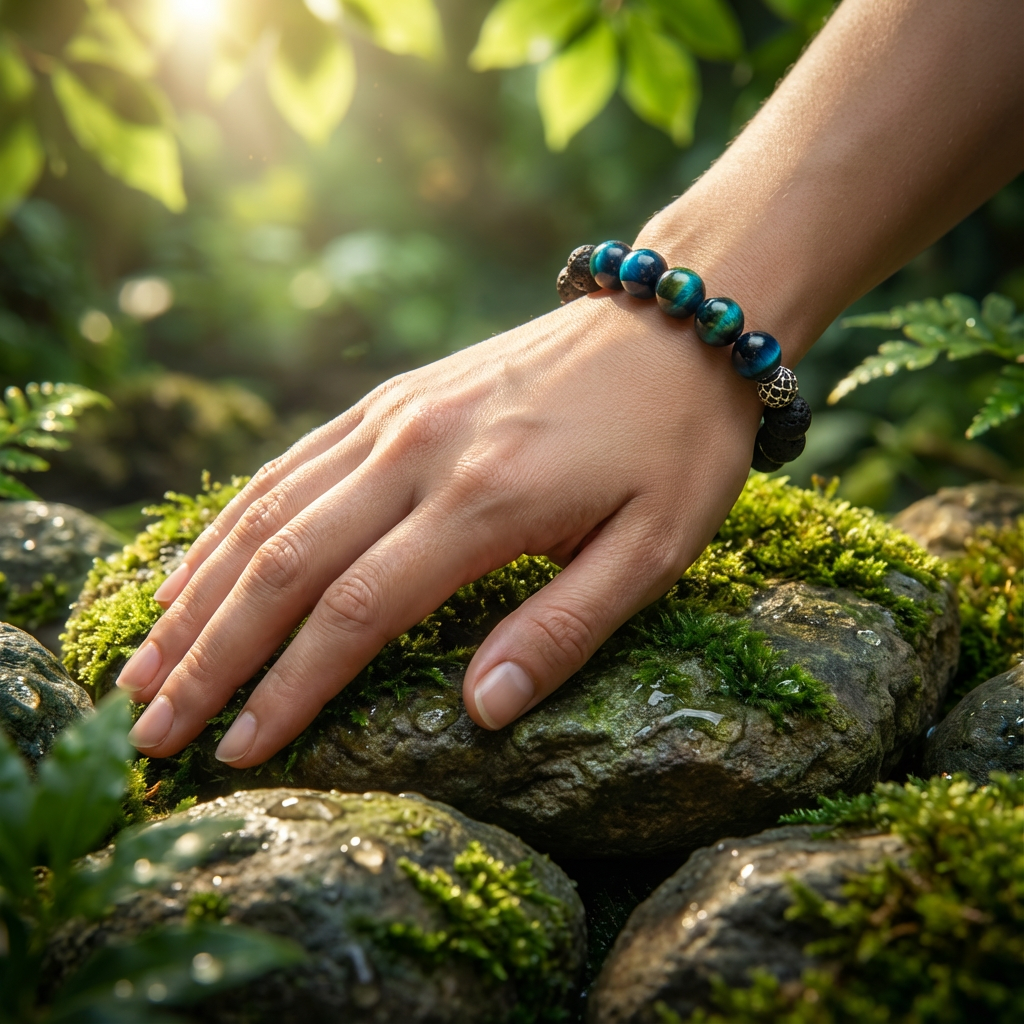 Elastische edelsteen armband met lavasteen en blauwe tijgeroog kralen met rvs kraal.