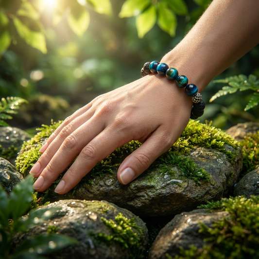 Elastische edelsteen armband met lavasteen en blauwe tijgeroog kralen met rvs kraal.