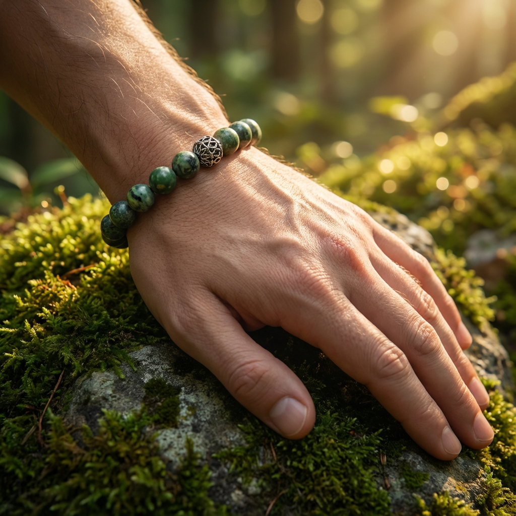 elastische Edelsteen armband met Lavasteen en serpentijn met RVS kraal.