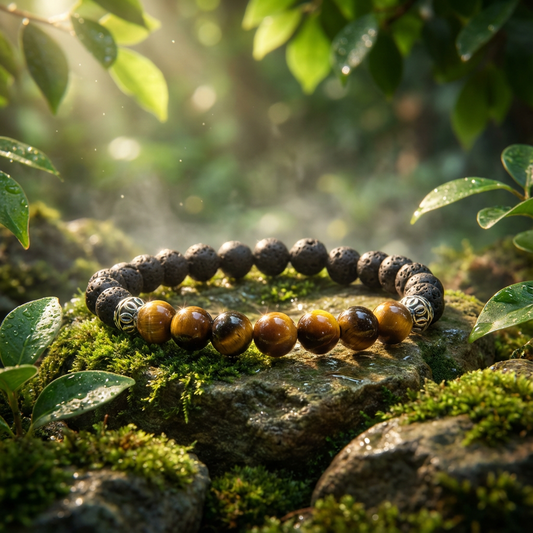 Elastische edelsteen armband met lavasteen en tijgeroog kralen en rvs kralen.