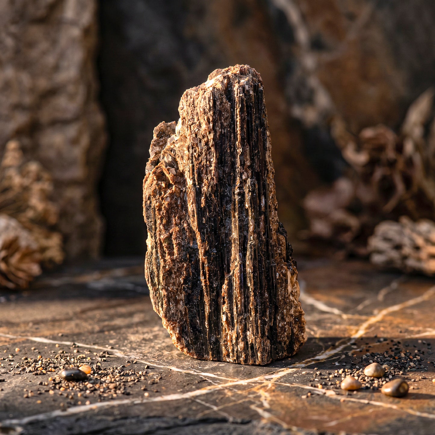 Natuurlijke zwarte edelsteen sculptuur, zwarte toermalijn met mica overgroeiing