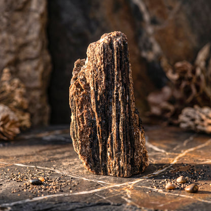 Natuurlijke zwarte edelsteen sculptuur, zwarte toermalijn met mica overgroeiing