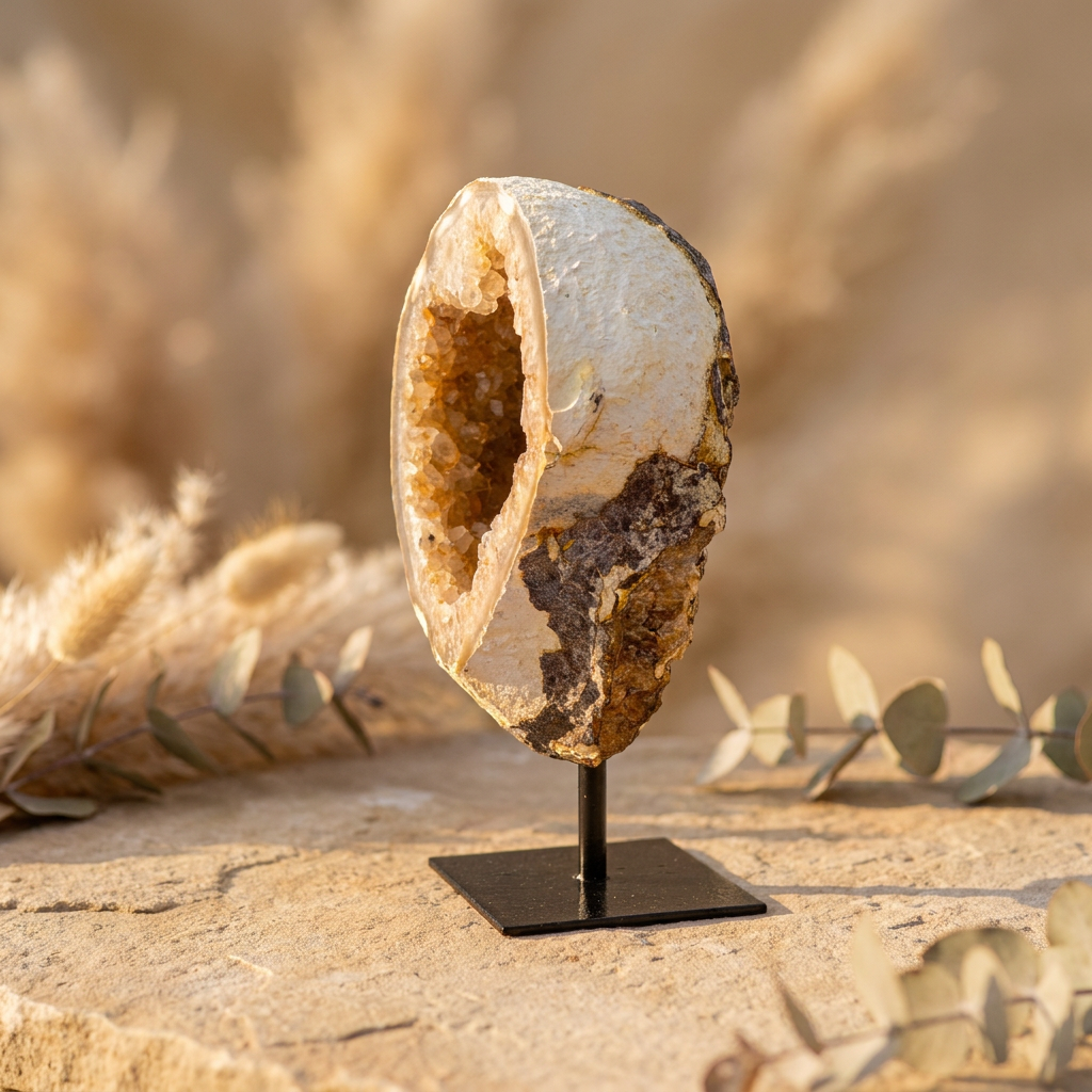 Agaat geode uit Brazilië op zwarte standaard met witte kristallen en een zachte oranje gloed.