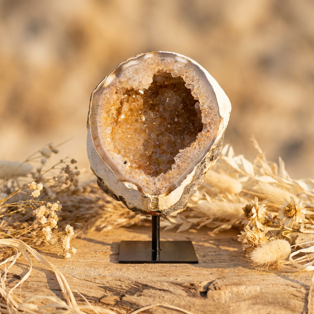 Agaat geode uit Brazilië op zwarte standaard met witte kristallen en een zachte oranje gloed.