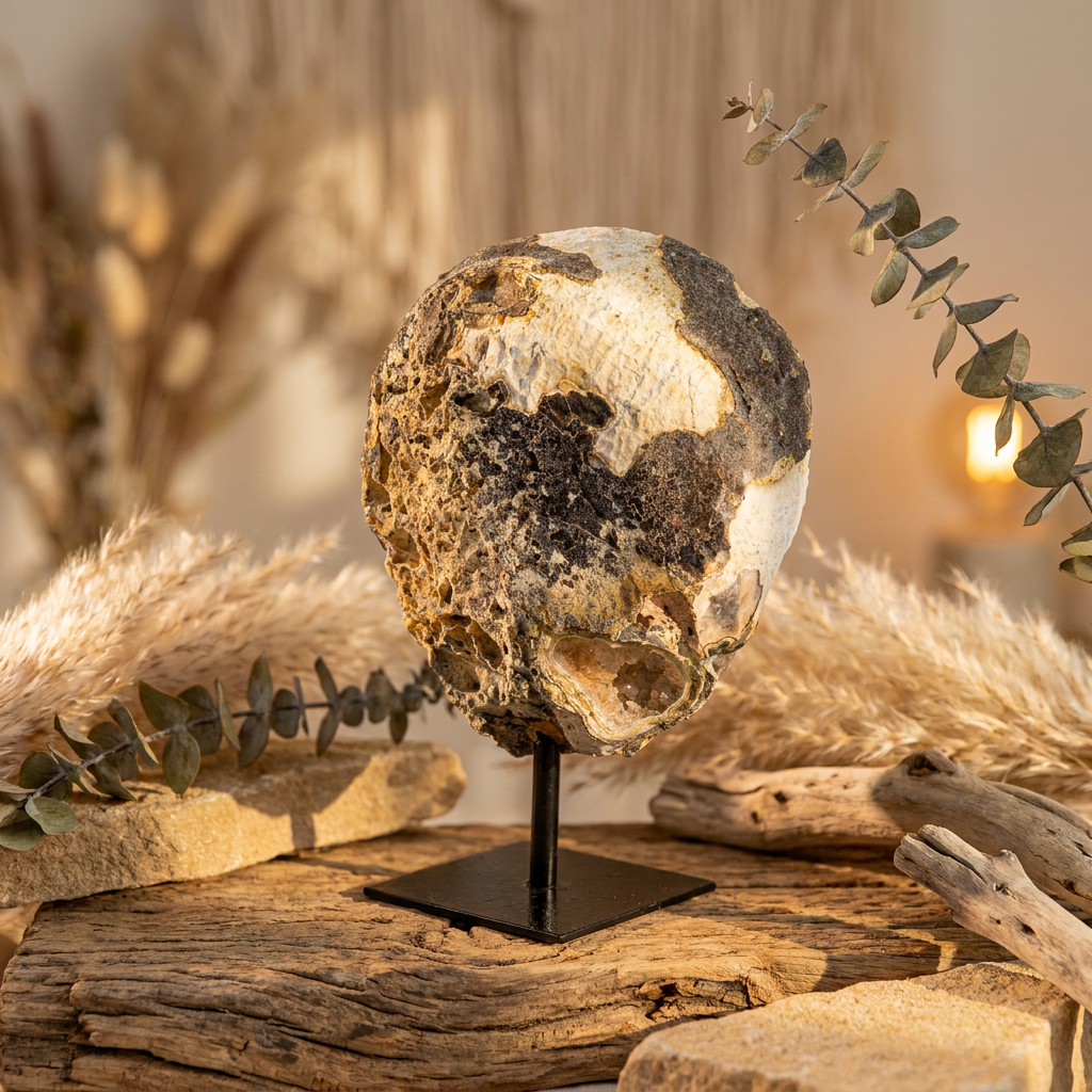 Agaat geode uit Brazilië op zwarte standaard met witte kristallen en een zachte oranje gloed.