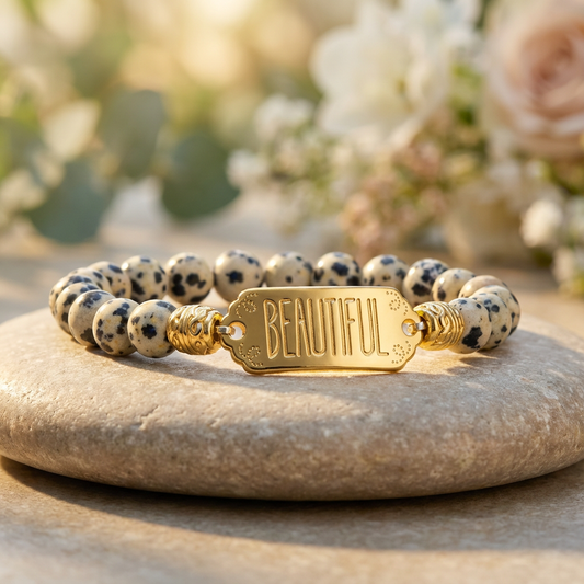 Elastische edelsteen armband met Dalmatier Jaspis en gouden tussenzetsel beautiful