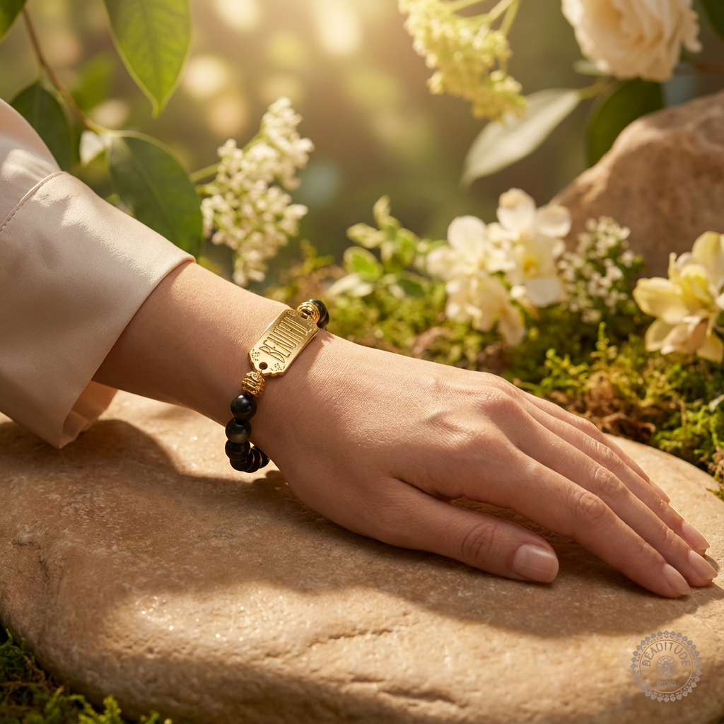 Elastische edelsteen armband met gouden obsidiaan en gouden tussenzetsel beautiful