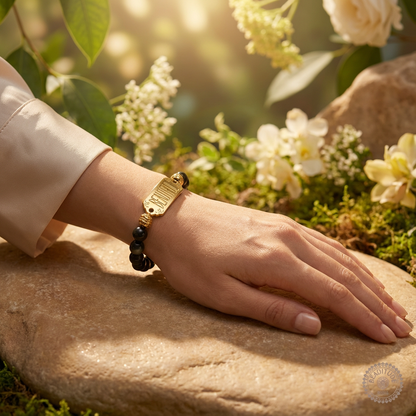 Elastische edelsteen armband met gouden obsidiaan en gouden tussenzetsel beautiful