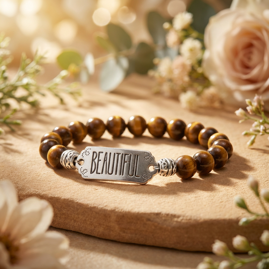 Elastische edelsteen armband met tijgeroog kralen en tussenzetsel beautiful