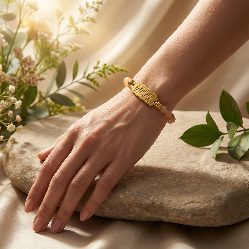 Elastische edelsteen armband met zonnesteen kralen en gouden tussenzetsel beautiful