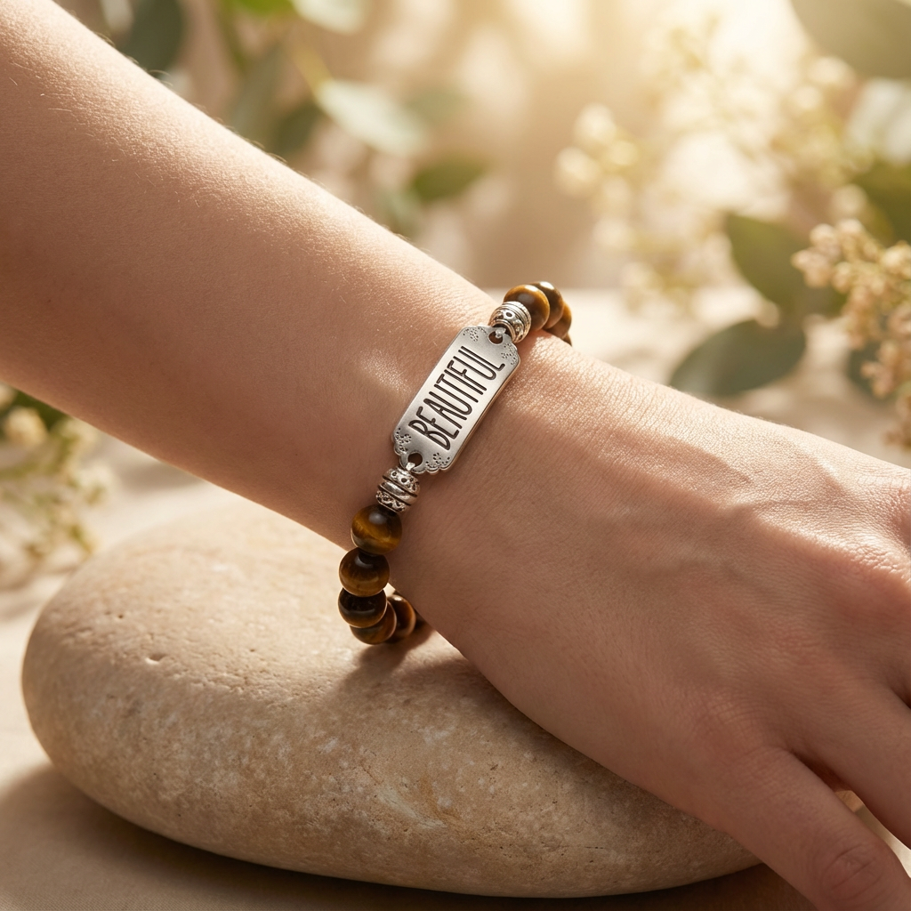 Elastische edelsteen armband met tijgeroog kralen en tussenzetsel beautiful