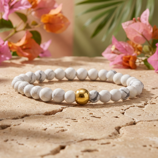 Handgemaakte BEBASIC howliet armband 6mm van Beaditude met natuurlijke witte grijs gemarmerde howliet kralen