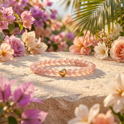 Bebasic elastische edelsteen armband met hoge kwaliteit facet geslepen strawberry Quartz/aardbeien kwarts kraal en gouden kraal