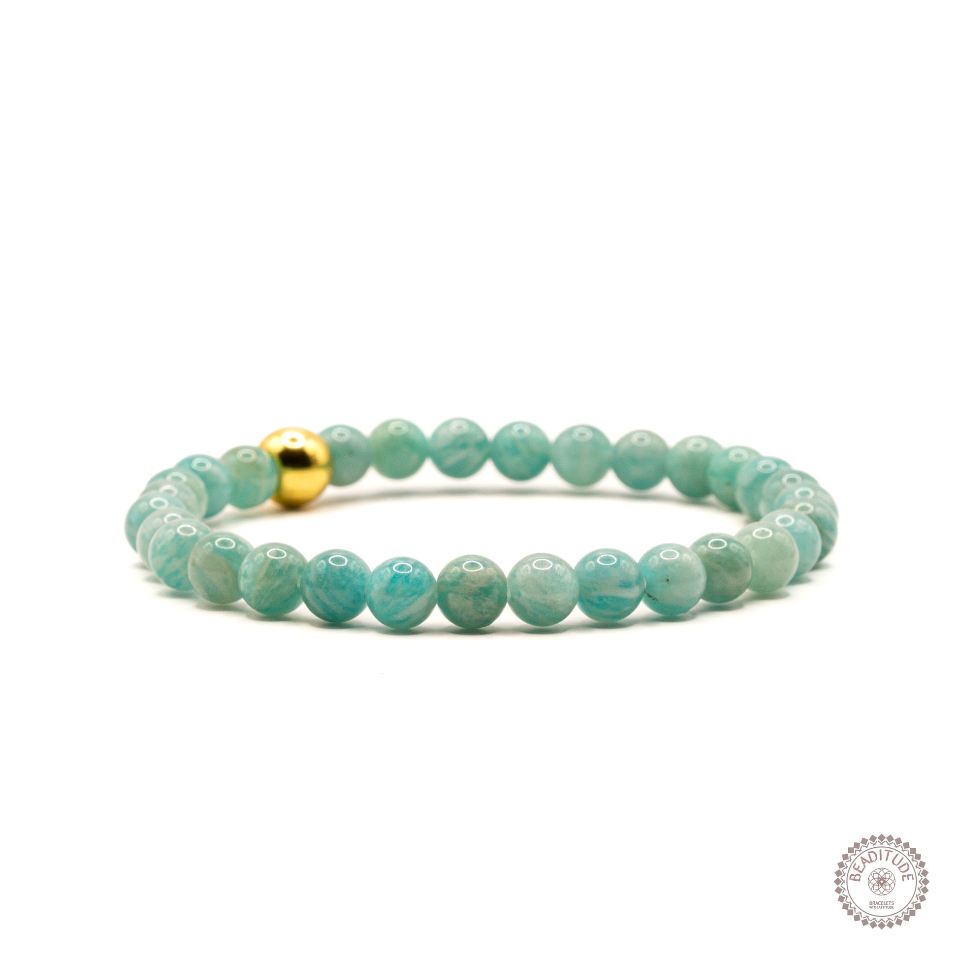 elastische edelsteen armband met 6mm blauwe amazoniet edelsteen kraal met 8mm gouden sierkraal.