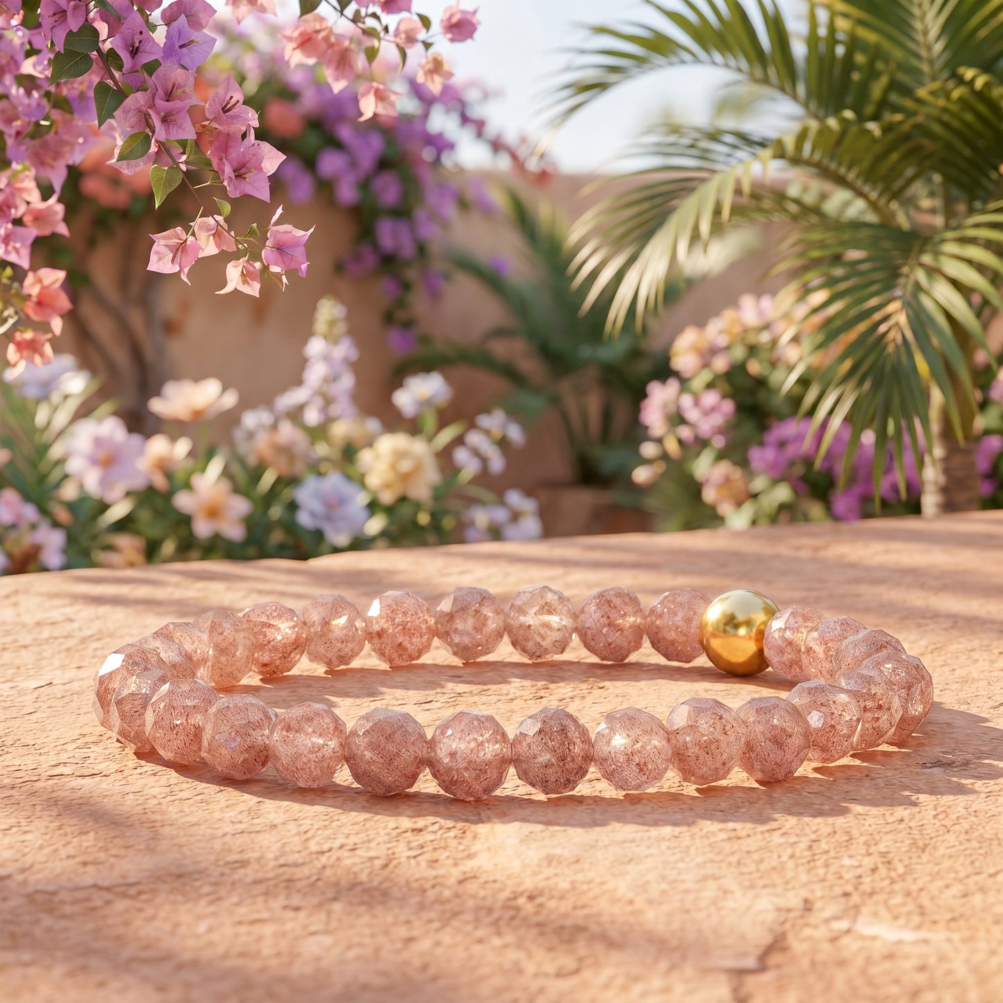 Bebasic elastische edelsteen armband met hoge kwaliteit facet geslepen strawberry Quartz/aardbeien kwarts kraal en gouden kraal
