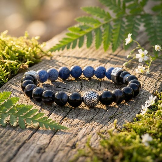 Elastische edelsteen armband met agaat en matte sodaliet kralen en rvs spacers en bewerkte kraal.