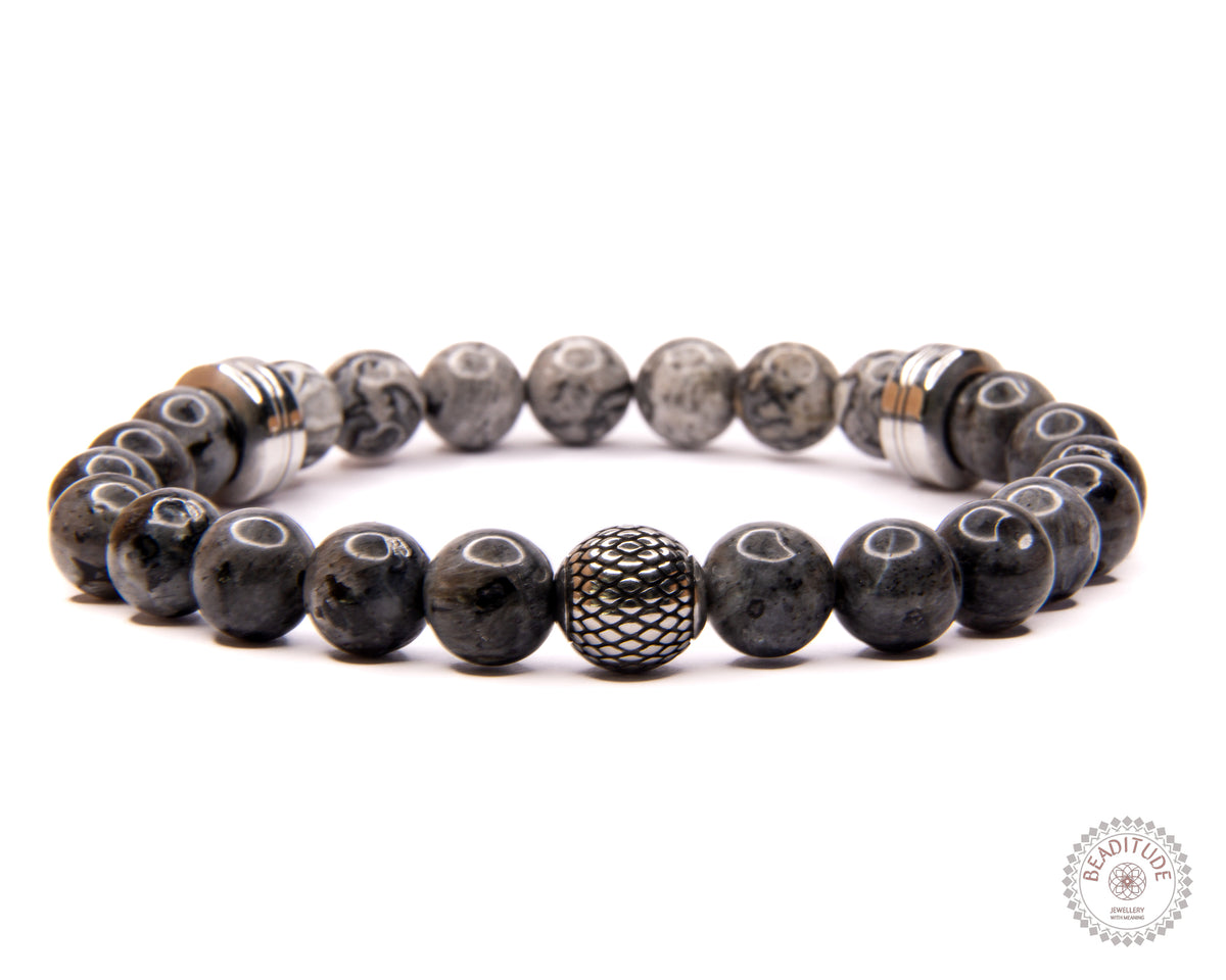 Elastische edelsteen armband met rvs spacers en bewerkte kraal en labradoriet en jaspis kralen