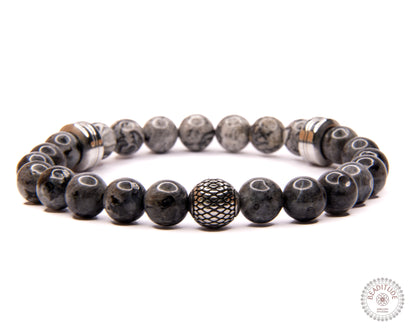 Elastische edelsteen armband met rvs spacers en bewerkte kraal en labradoriet en jaspis kralen