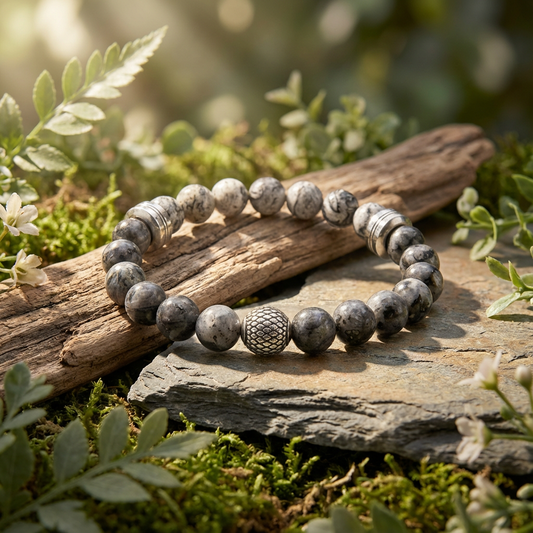 Elastische edelsteen armband met rvs spacers en bewerkte kraal en labradoriet en jaspis kralen
