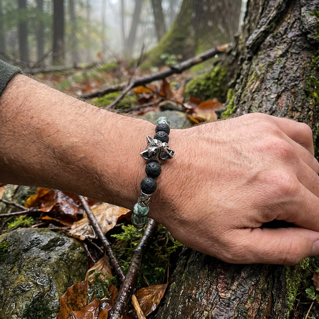 Elastische edelsteen armband met lavasteen en groene jade kralen met rvs onderdelen en rvs wolvenkopkraal