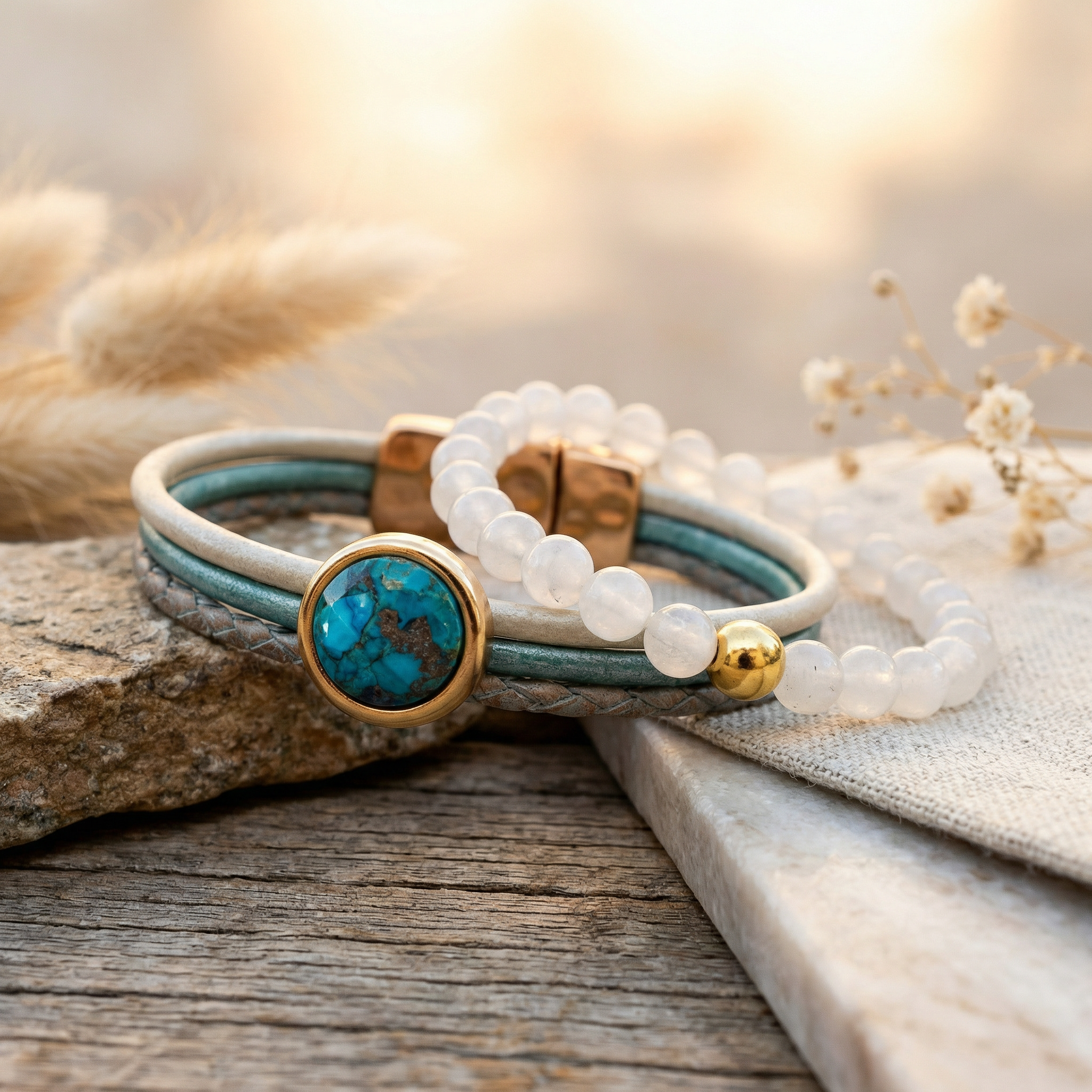 Bundelkorting op de leather & Stone edelsteen armband met 12mm Chrysocolla cabochon met de elastische edelsteen armband maansteen met gouden kraal.